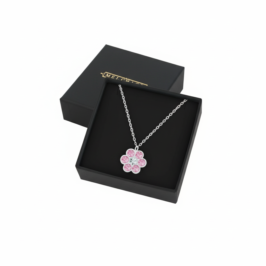Pink crystal necklace for kids by Melchior Jewellery with flower pendant in black gift box