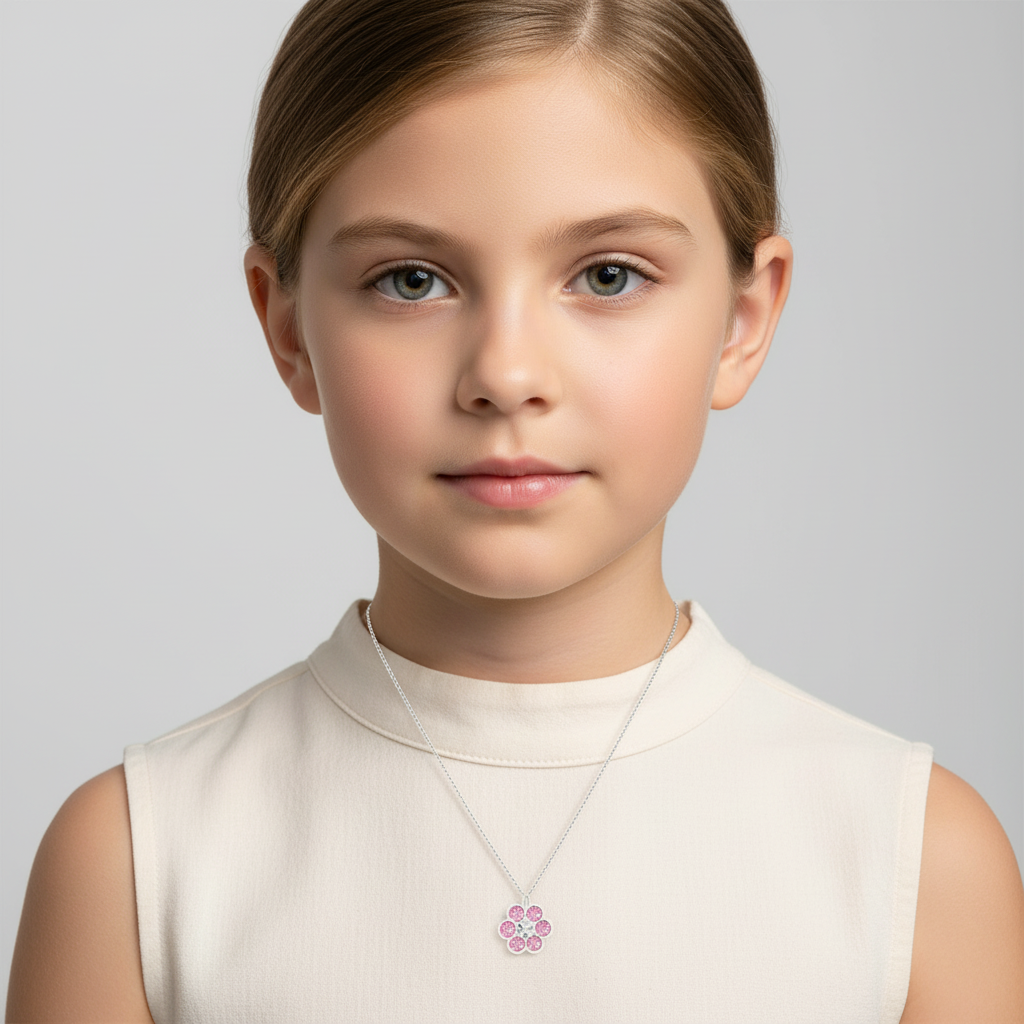 Young girl wearing a pink crystal necklace for kids with flower pendant by Melchior Jewellery