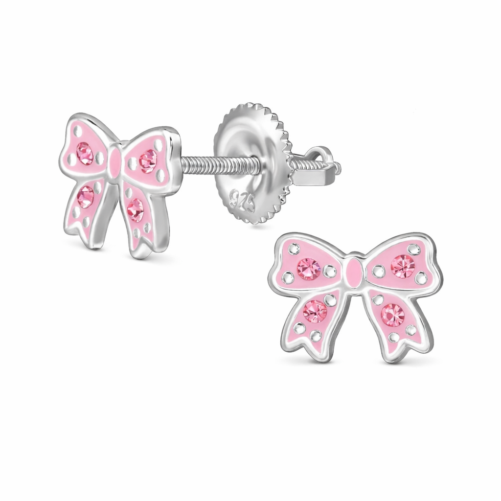 Melchior Jewellery pink crystal screw back earrings for girls shaped as silver bows with pink enamel and sparkling pink crystals