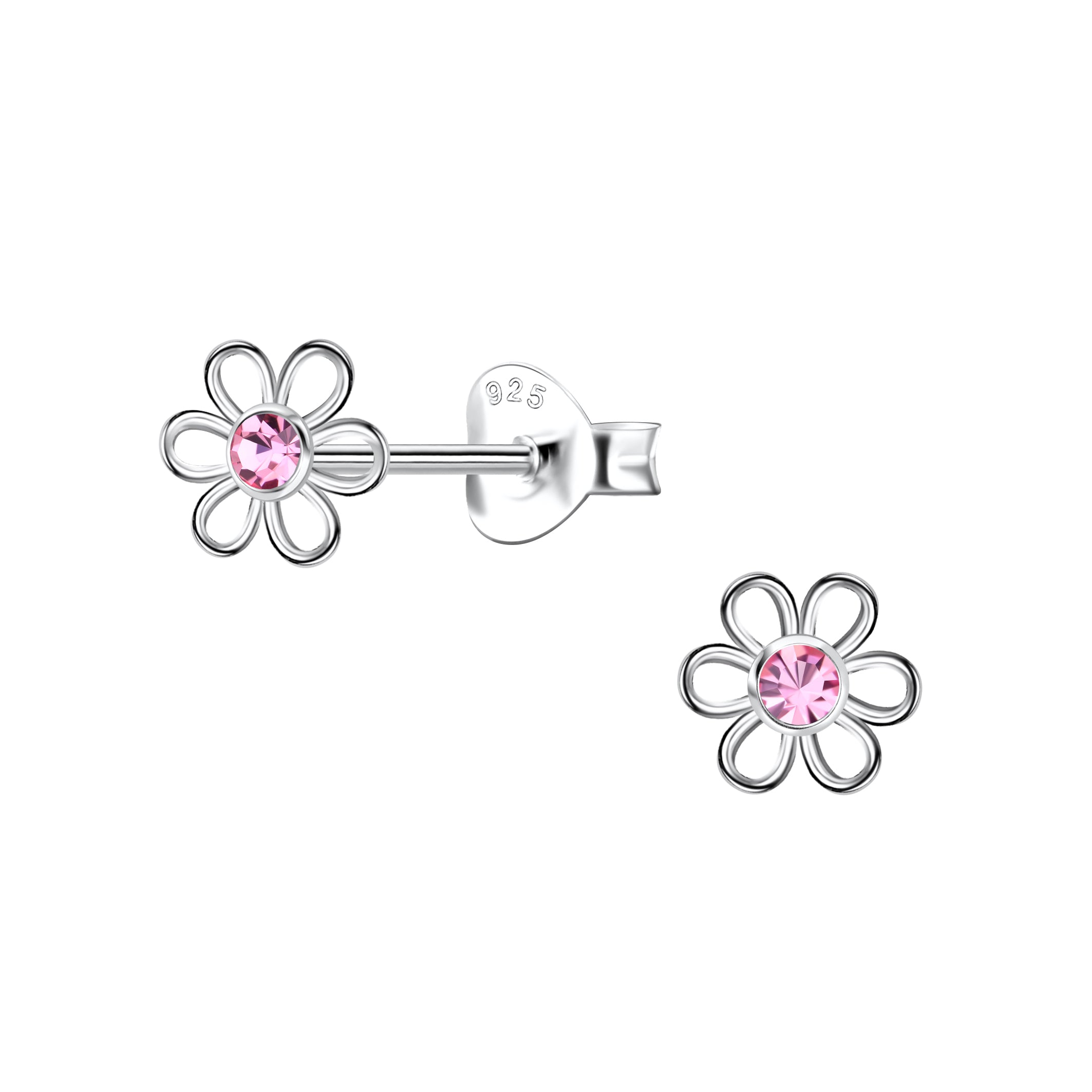 Melchior Jewellery pink crystal stud earrings for girls shaped like silver flower petals