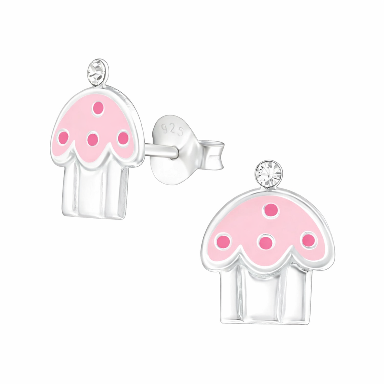 Pink cupcake stud earrings for kids by Melchior Jewellery with silver detailing and small crystal