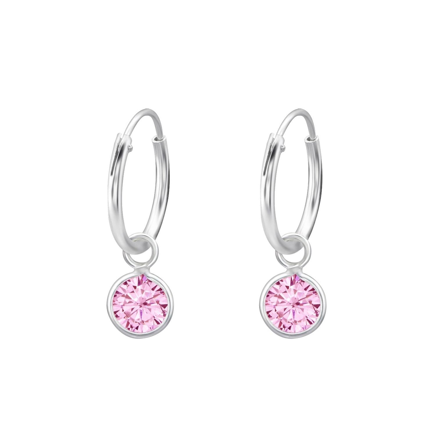 Melchior Jewellery pink CZ charm earrings for girls with silver hoops and dangling pink stones
