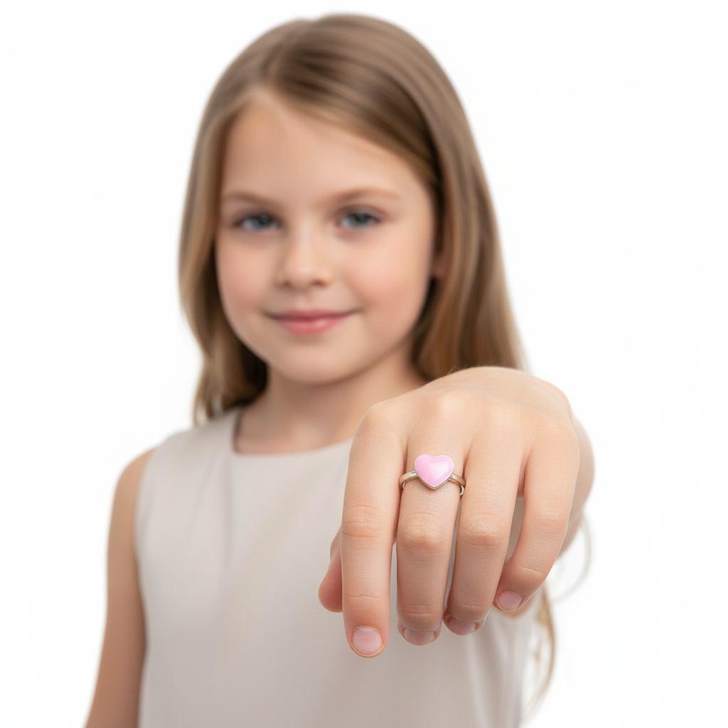 Melchior Jewellery pink heart ring for girls worn by a smiling young girl with long blonde hair in a white dress
