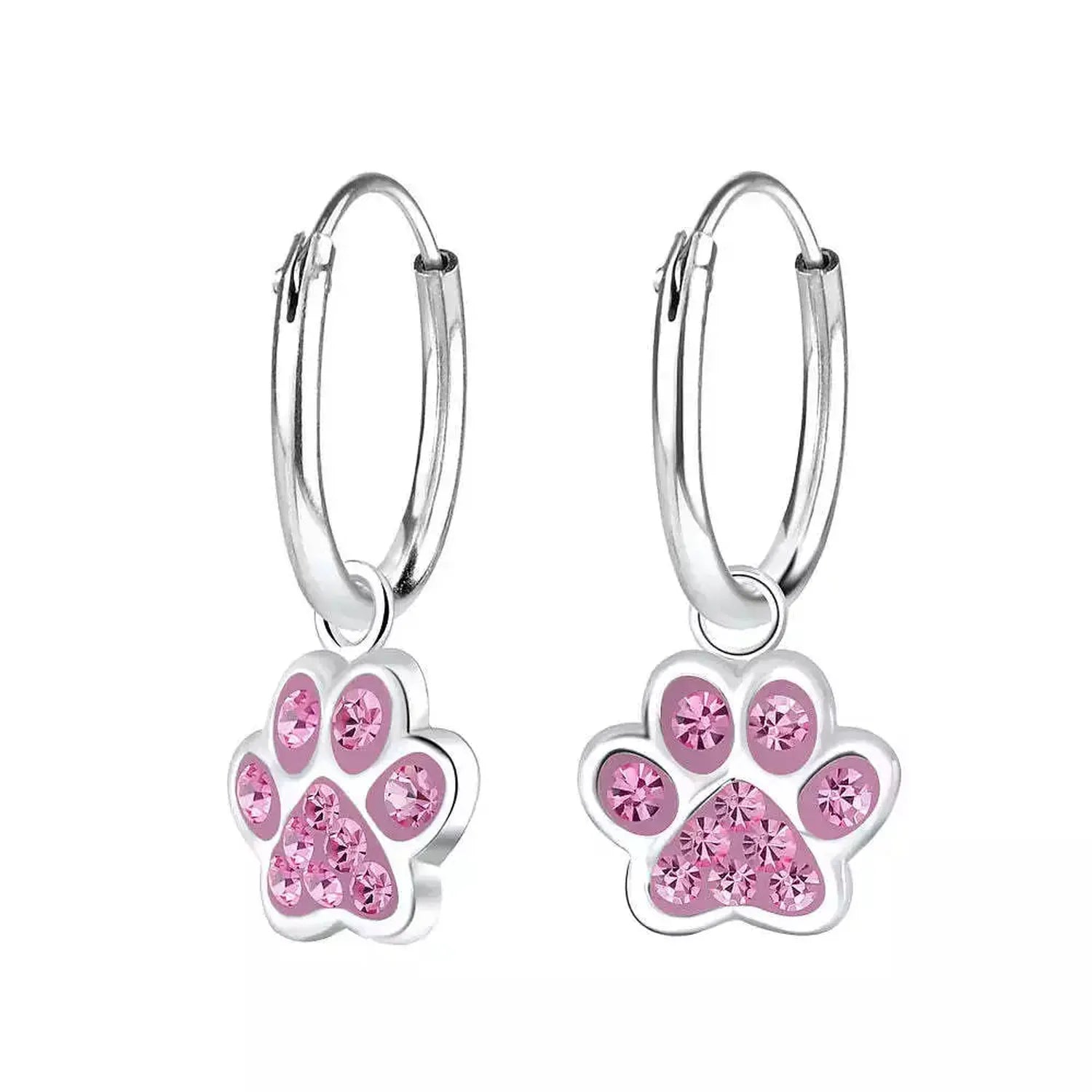 Silver hoop earrings with pink paw print charms featuring sparkling pink crystals by Melchior Jewellery