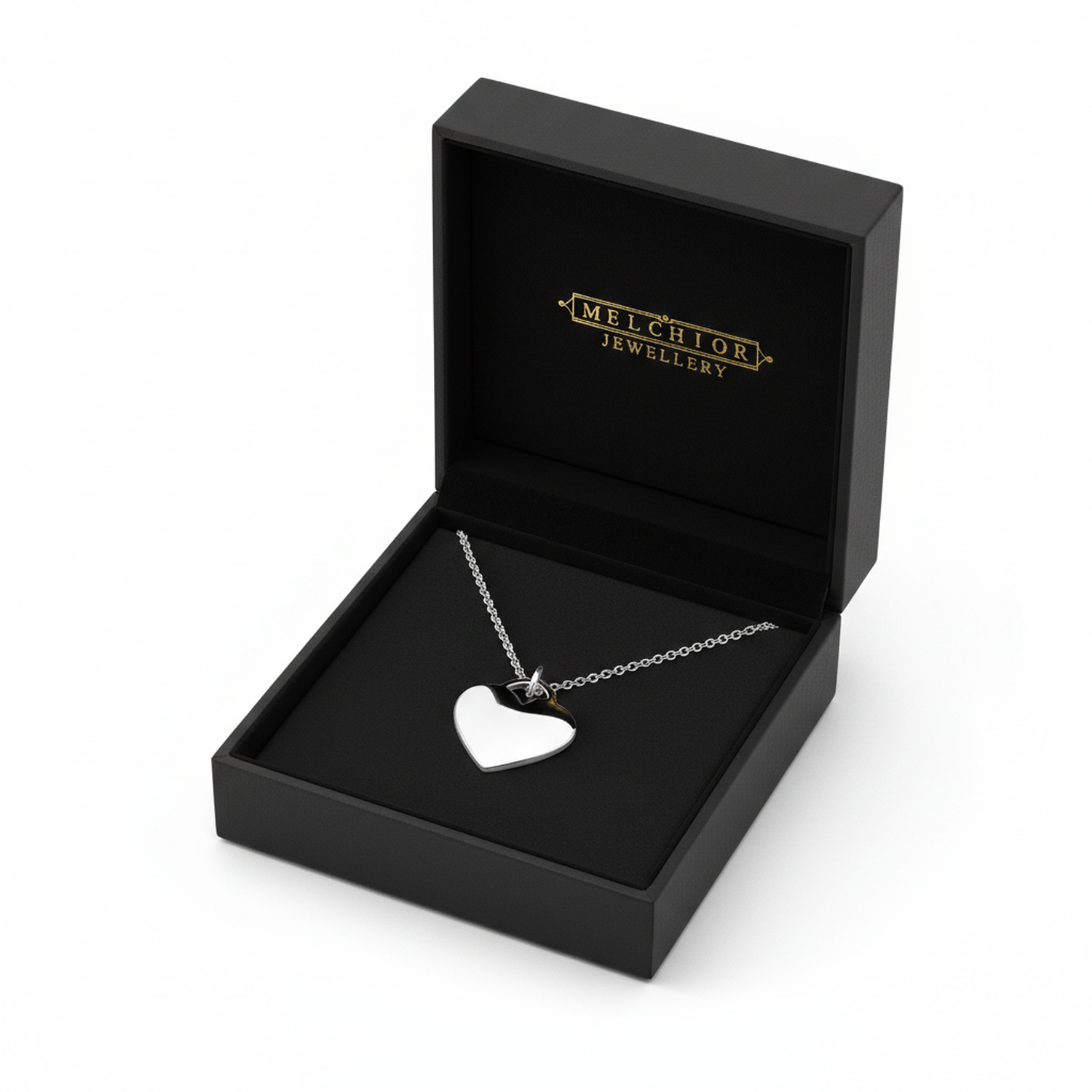 Melchior Jewellery plain flat heart necklace for woman in a black presentation box