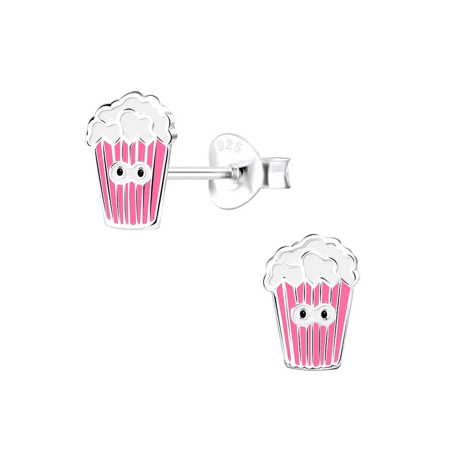 Melchior Jewellery Popcorn Stud Earrings for children with pink popcorn bucket design in sterling silver