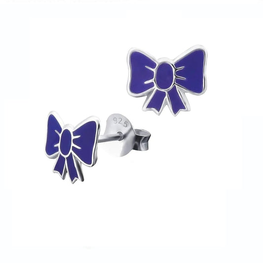 Melchior Jewellery purple bow stud earrings for kids in sterling silver with vibrant purple enamel