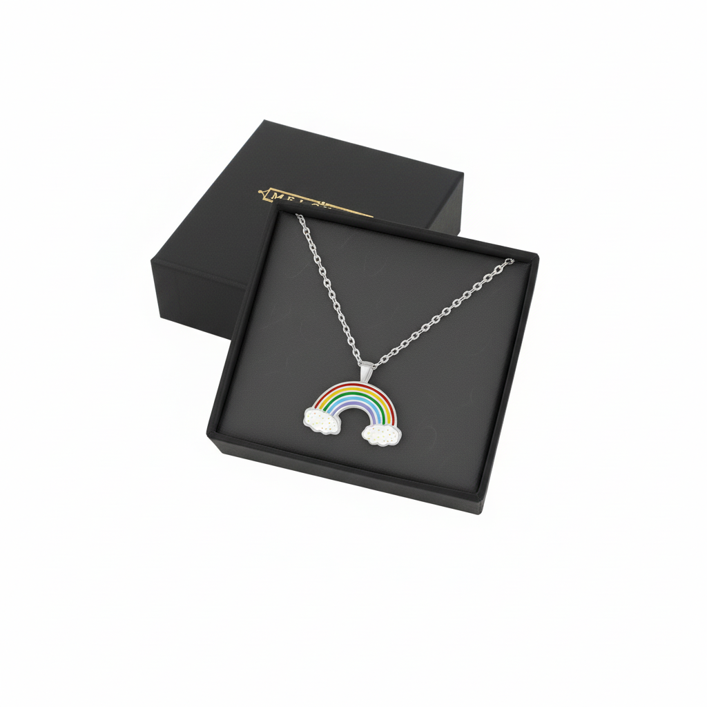 Melchior Jewellery rainbow pendant necklace for kids with colourful enamel in black gift box