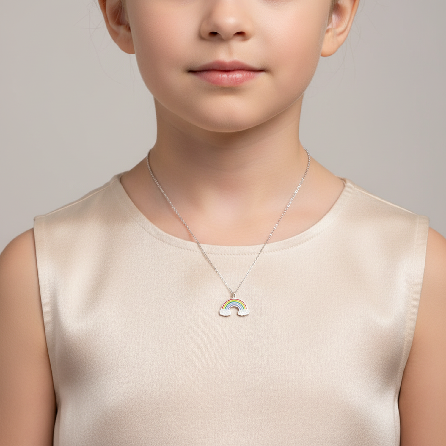 Child wearing Melchior Jewellery rainbow pendant necklace for kids with silver chain and colourful charm
