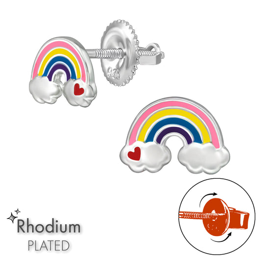 Melchior Jewellery rhodium plated rainbow stud earrings for girls with colourful enamel and cloud design