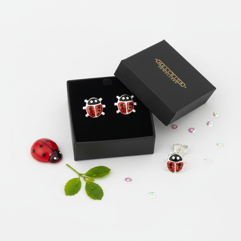 Red glitter ladybird stud earrings for children by Melchior Jewellery displayed in black gift box
