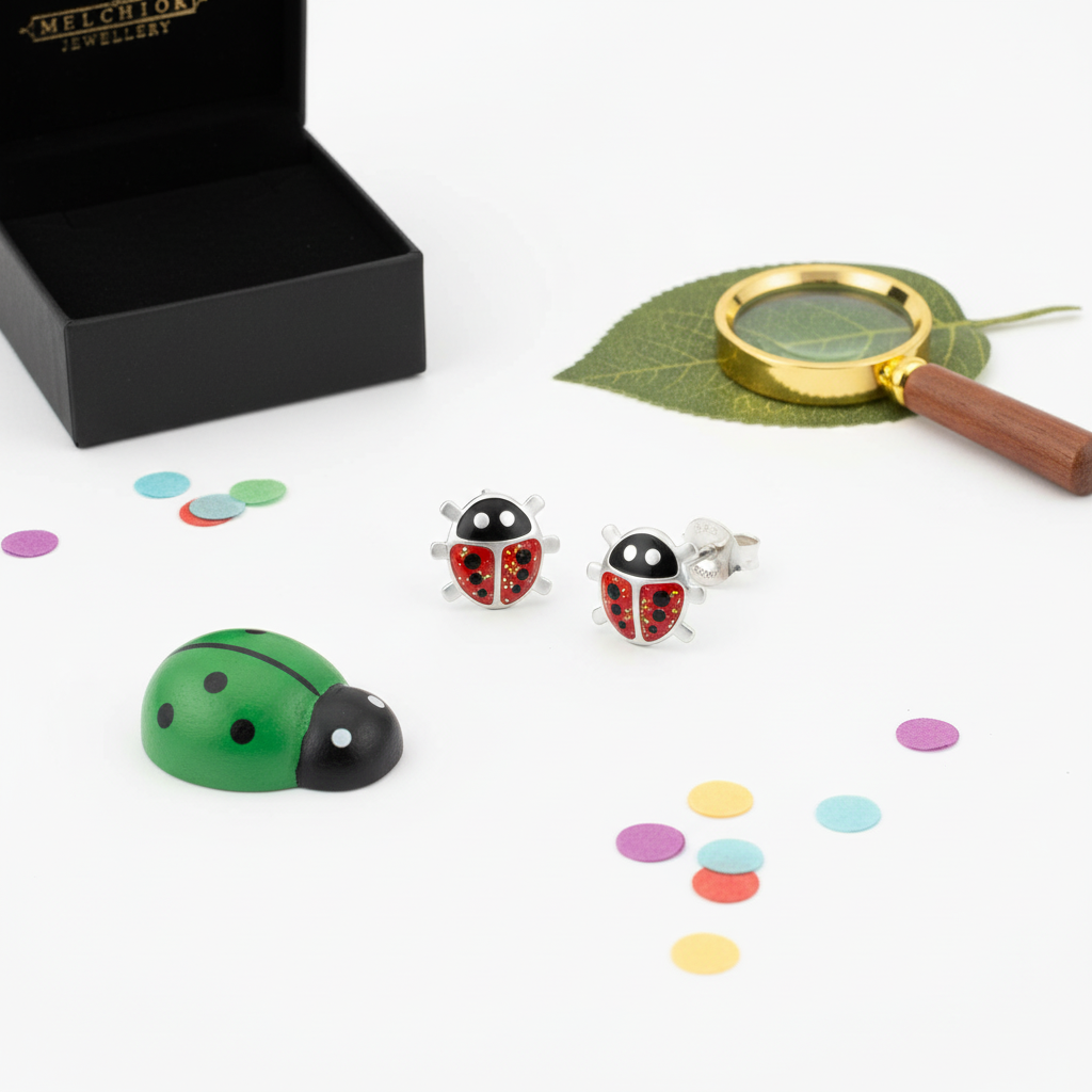 Melchior Jewellery red glitter ladybird stud earrings for children with black and red detailing