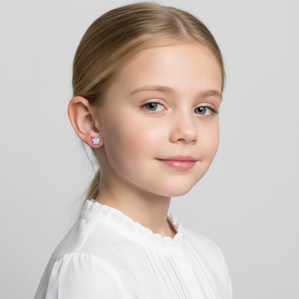 Young girl wearing Melchior Jewellery childrens earrings pink butterfly design safe earrings for sensitive ears children