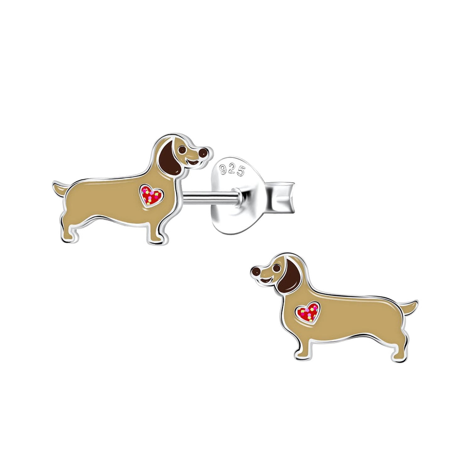 Melchior Jewellery sausage dog stud earrings for kids in brown enamel with red heart detail and silver posts
