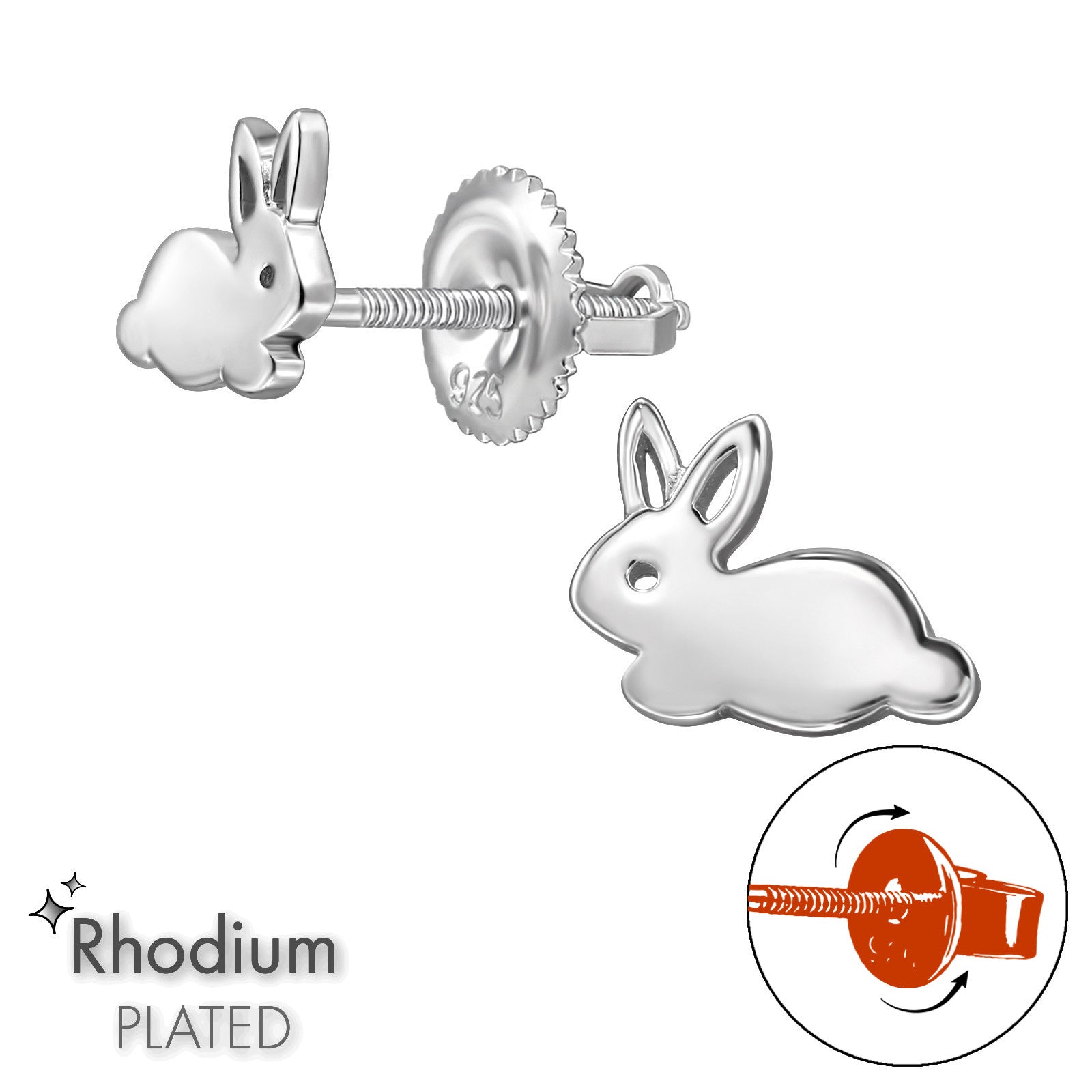 Melchior Jewellery rhodium plated screw back bunny earrings for kids in silver tone