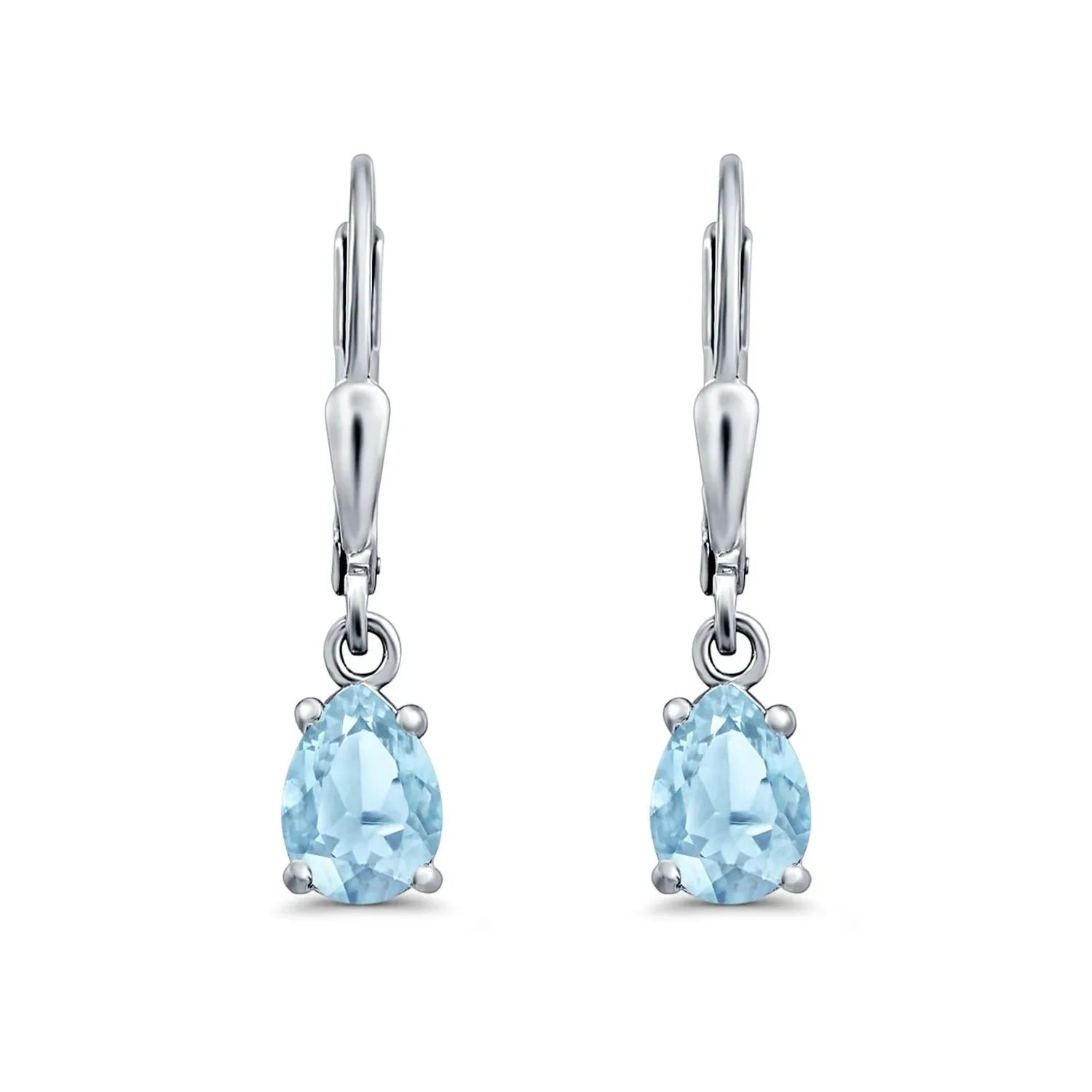 Silver Aqua Bridal Teardrop Leverback Earrings with light blue gemstones by Melchior Jewellery