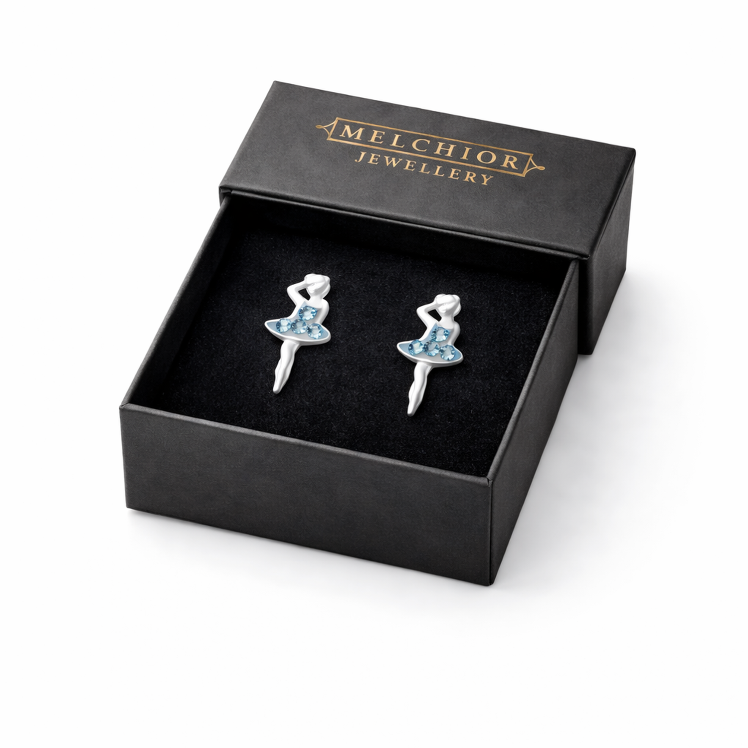 Silver ballet earrings for girls shaped like ballerinas with blue details in Melchior Jewellery box