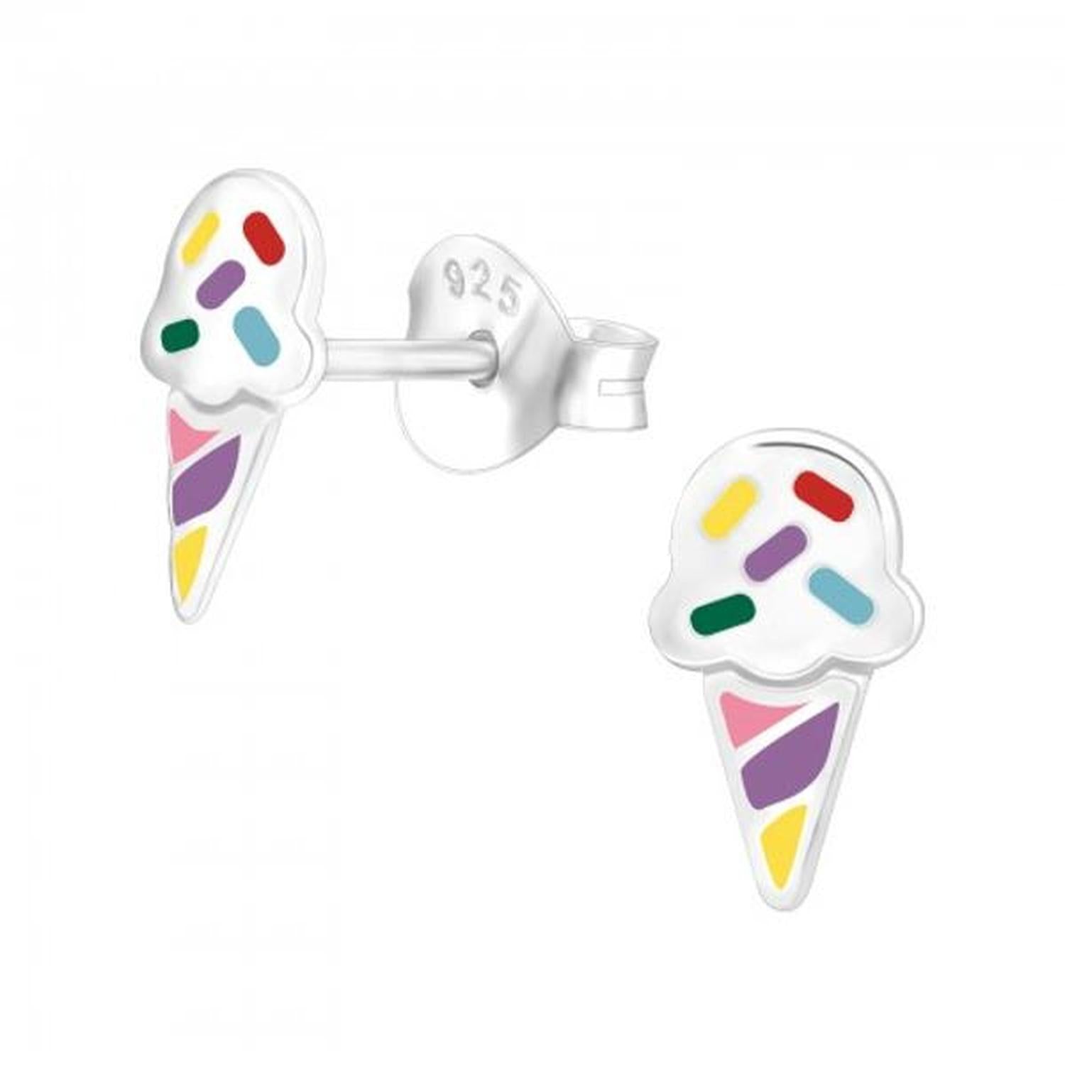 Melchior Jewellery silver colourful ice cream earrings with multi-coloured sprinkles and pastel cone details