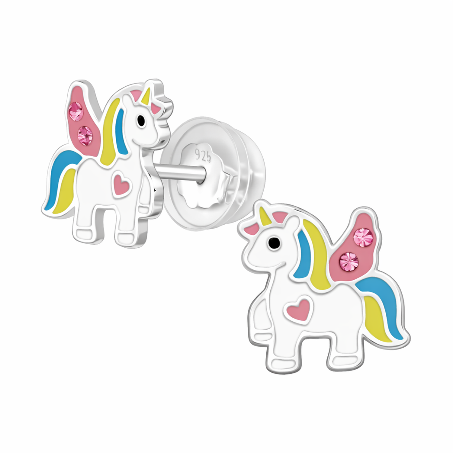 Silver Colourful Unicorn Stud Earrings by Melchior Jewellery featuring pink wings with crystals blue and yellow mane and tail