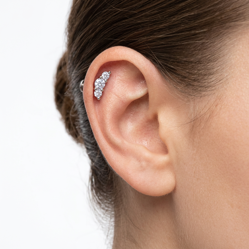 Silver CZ Geometric Labret body jewellery with clear cubic zirconia stones for ear piercing