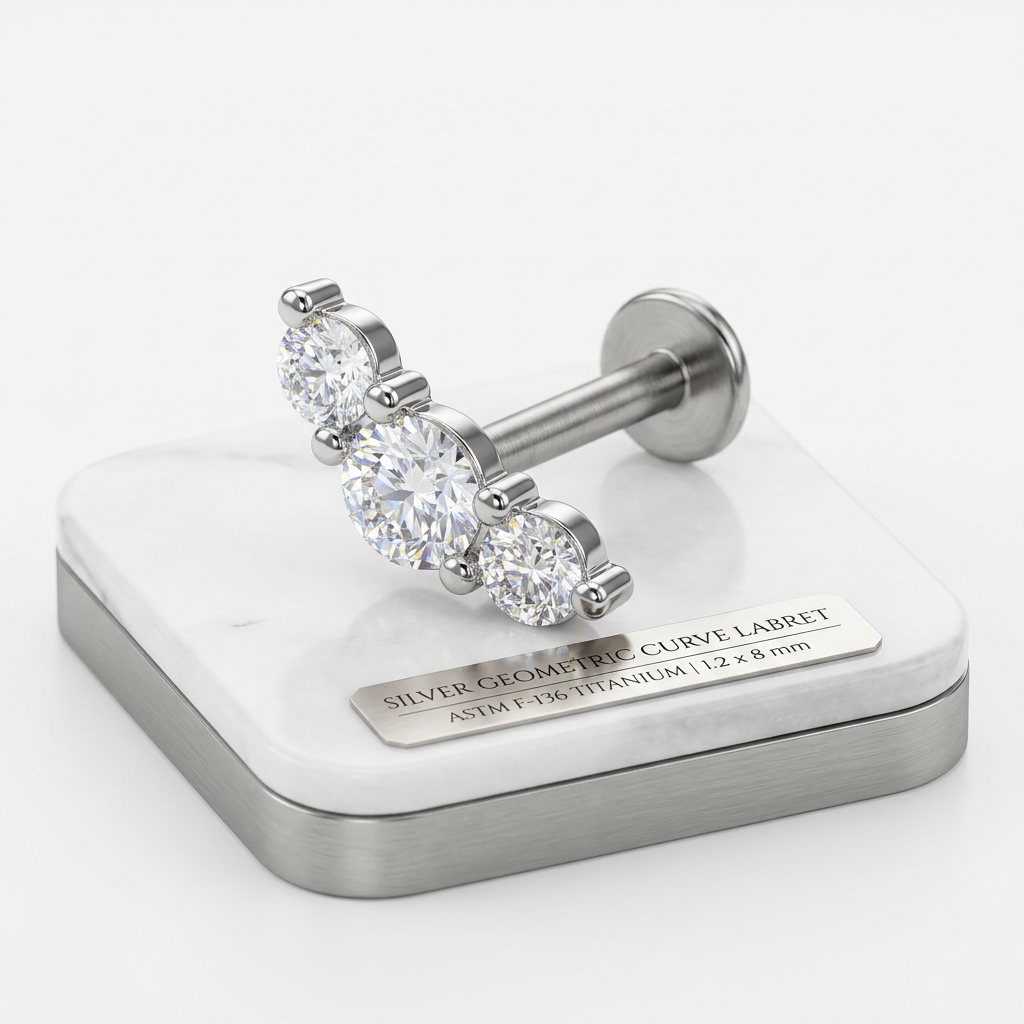 Silver CZ Geometric Labret body jewellery with titanium bar and clear cubic zirconia stones