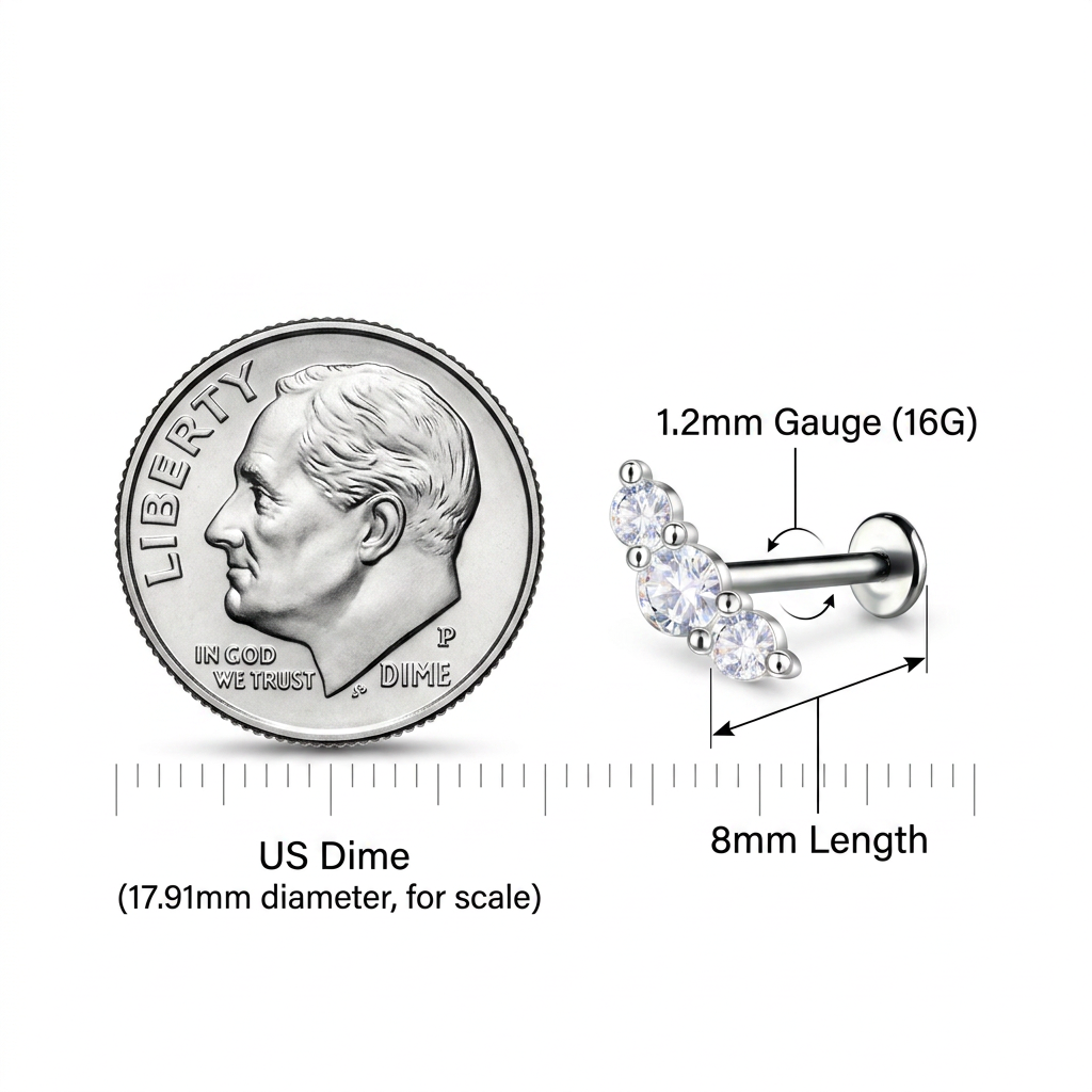 Sterling silver Silver CZ Geometric Labret with clear cubic zirconia stones and 1.2mm gauge for body piercings