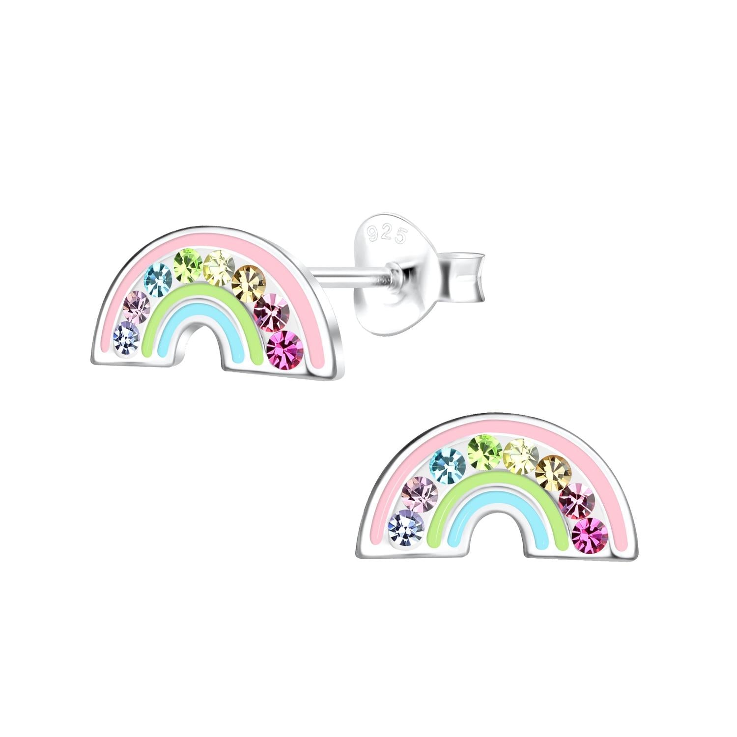 Melchior Jewellery Silver CZ Rainbow Stud Earrings with pastel pink and blue enamel and multicoloured cubic zirconia stones