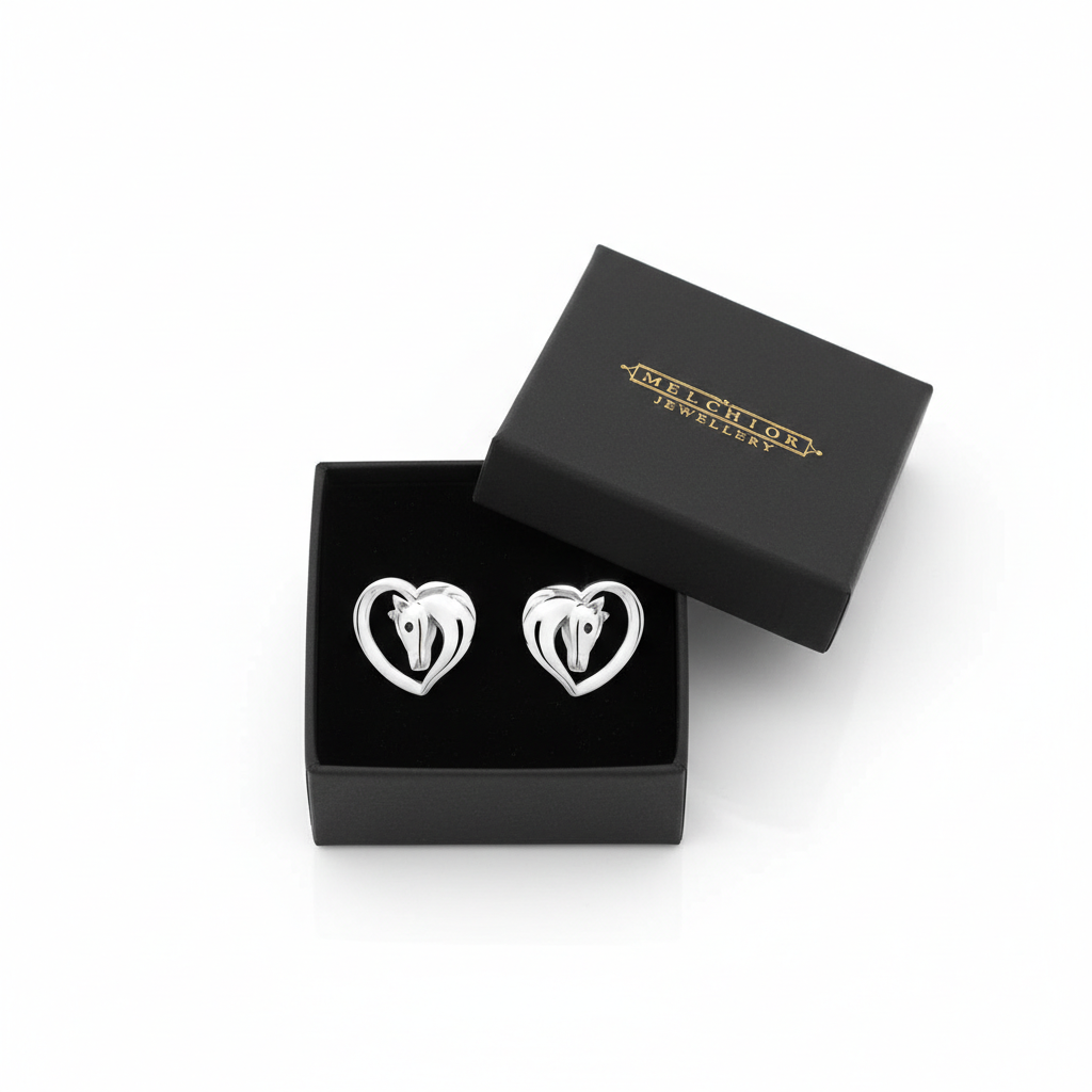Melchior Jewellery silver heart horse earrings displayed in black branded box for women