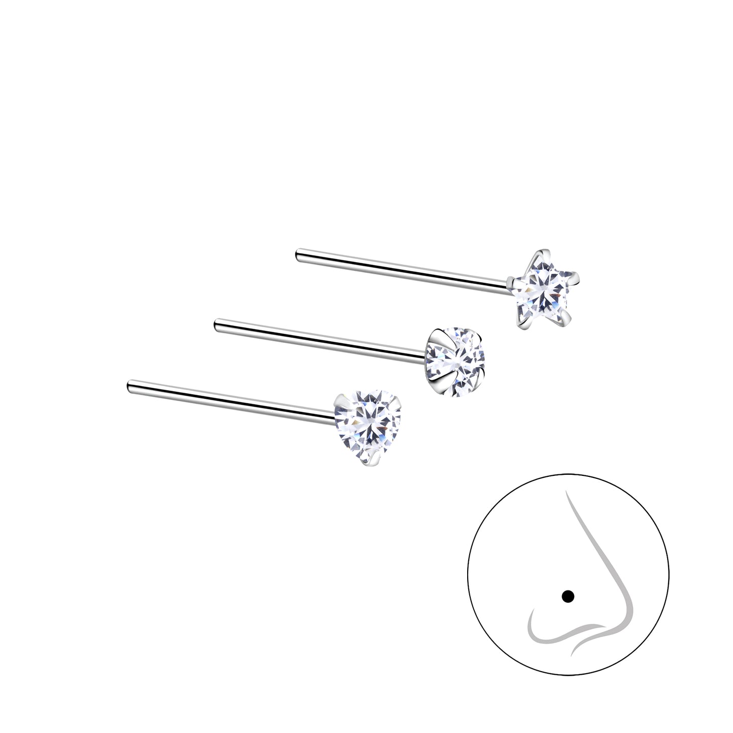 Melchior Jewellery silver nose studs set of 3 with heart, round, and star shaped designs