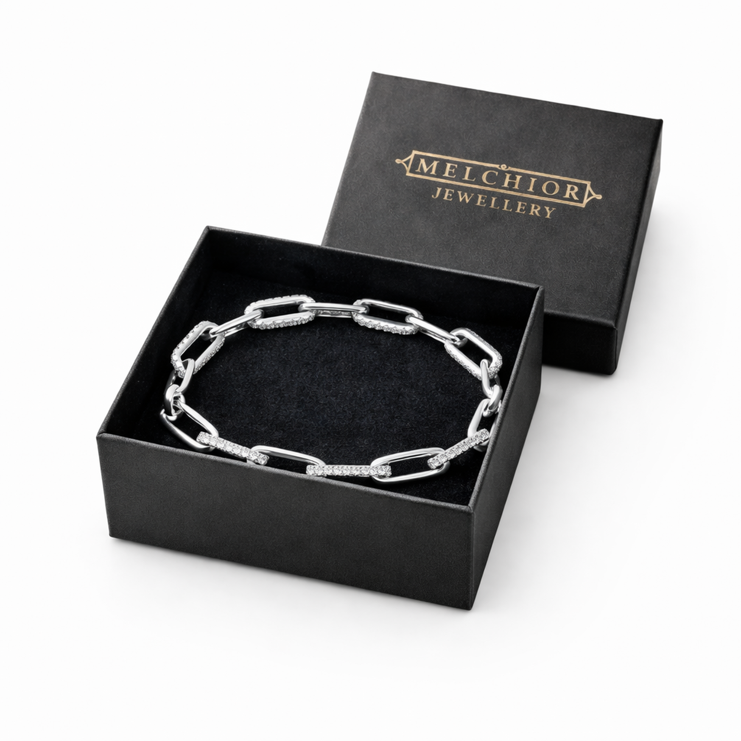 Silver Paperclip Link Chain Cubic Zirconia Bracelet in Melchior Jewellery black presentation box