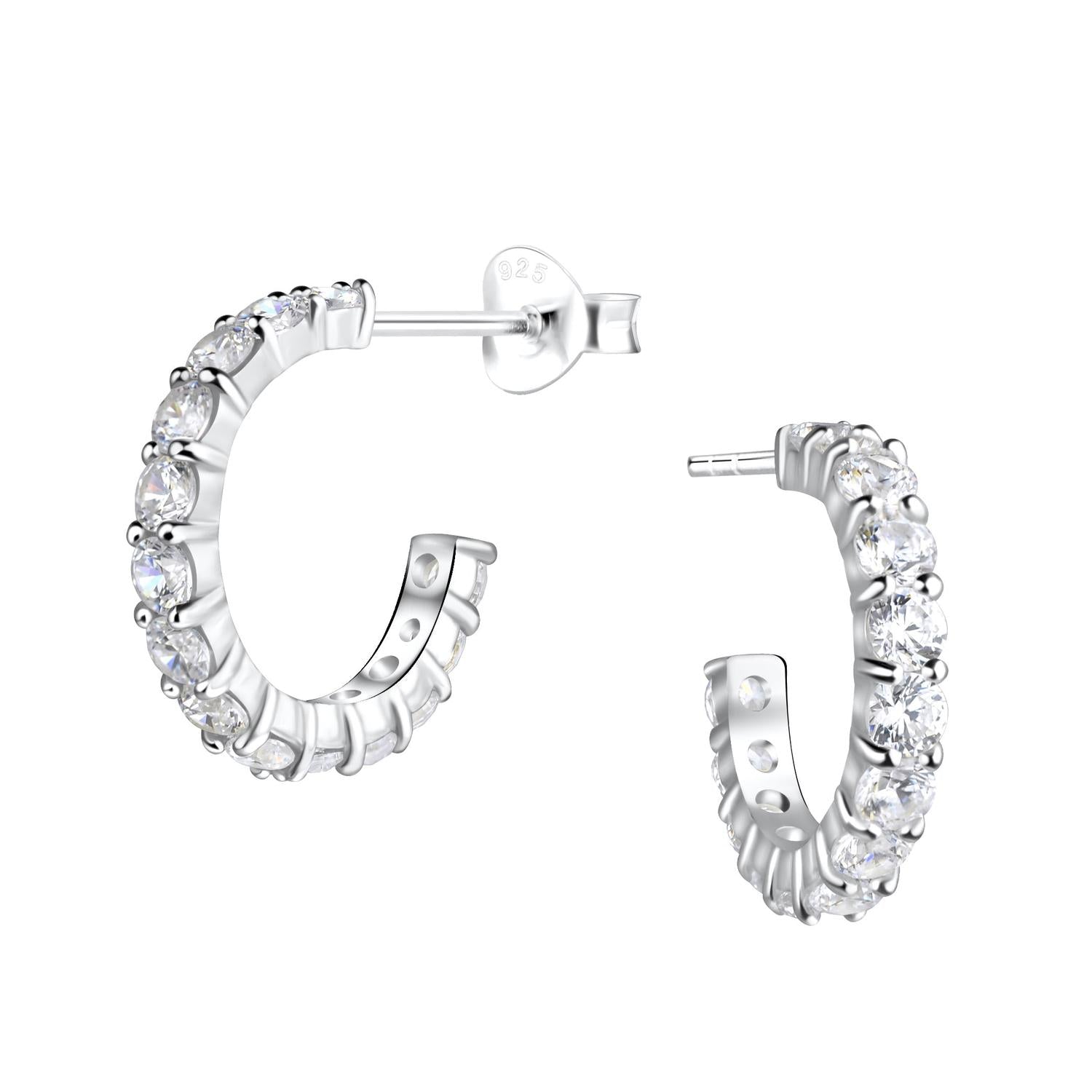 Melchior Jewellery Silver Pave Huggie Hoop Earrings with sparkling clear stones in polished silver finish