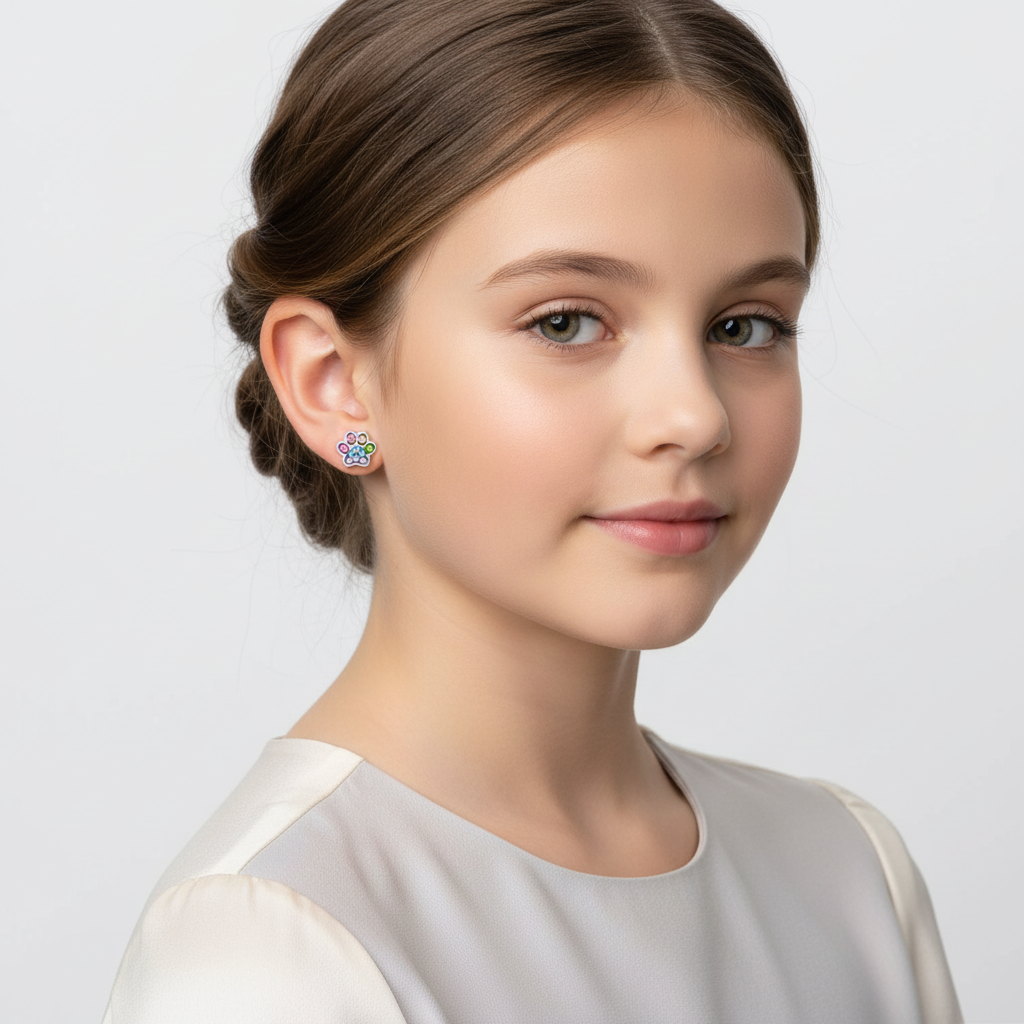 Melchior Jewellery silver paw print earrings for girls worn by young girl with braided hair