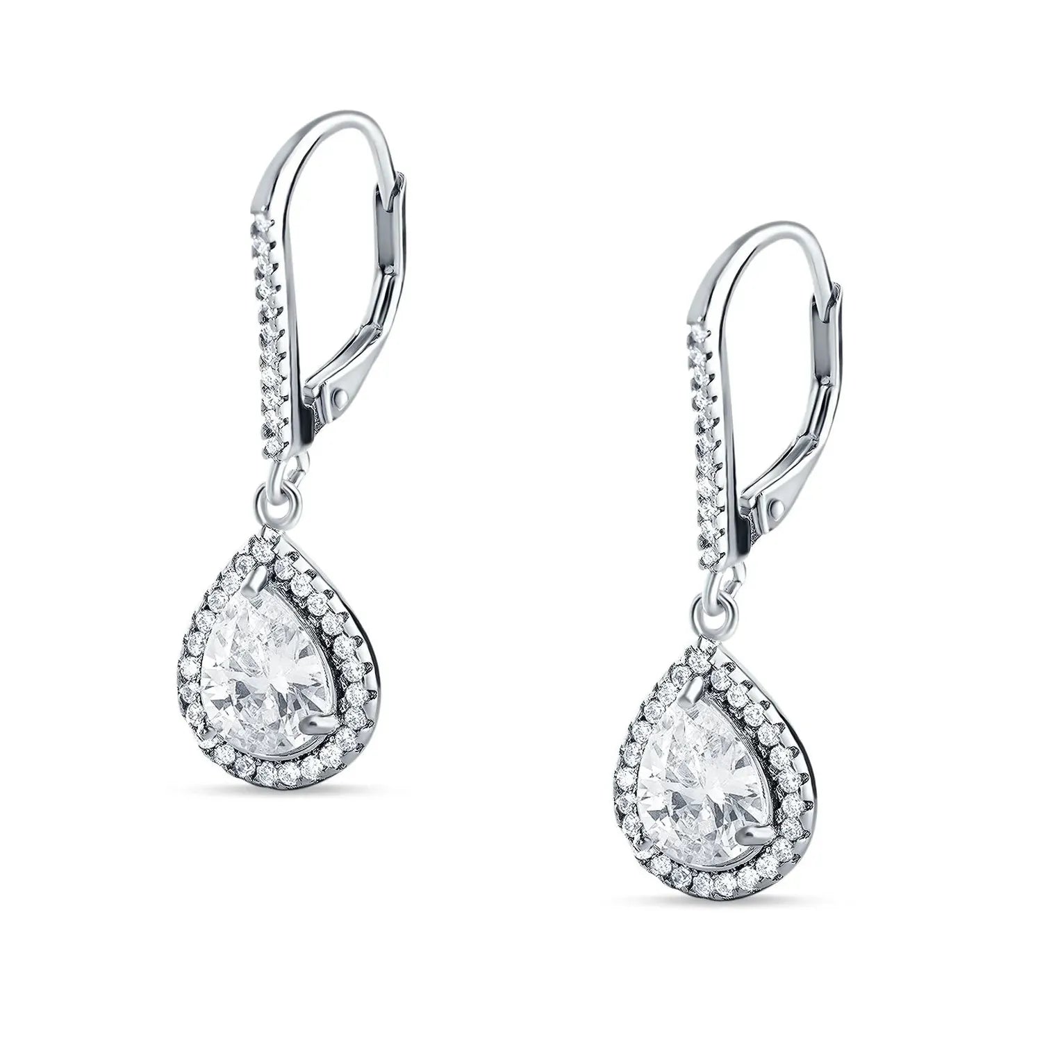 Silver Pear Halo Leverback Drop Earrings by Melchior Jewellery featuring pear-shaped stones with halo setting