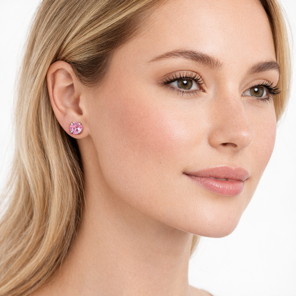 Melchior Jewellery silver pink round earrings sterling with sparkling pink stones worn by woman