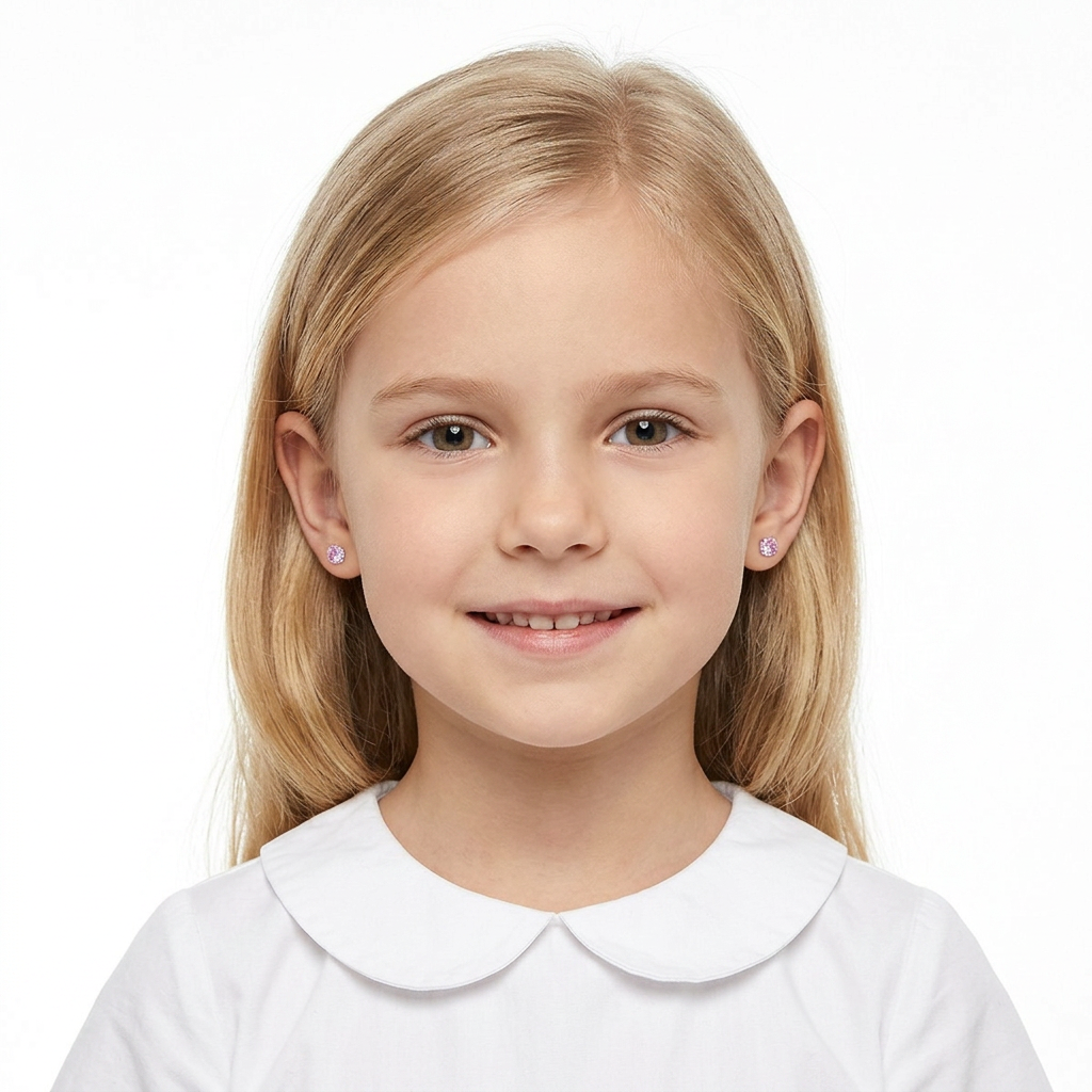 Young girl wearing silver pink round earrings sterling from Melchior Jewellery with delicate soft pink stones