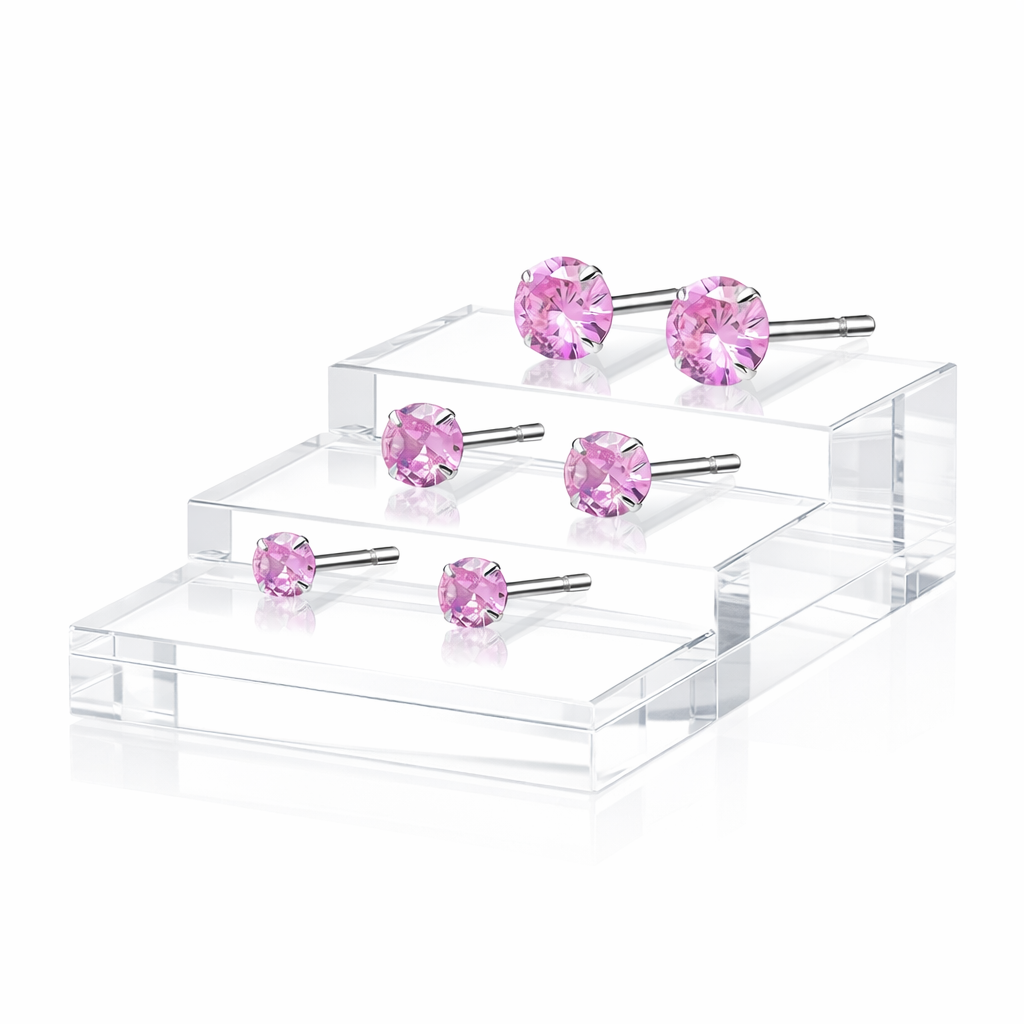 Melchior Jewellery silver pink round earrings sterling set in three sizes with sparkling light pink gemstones