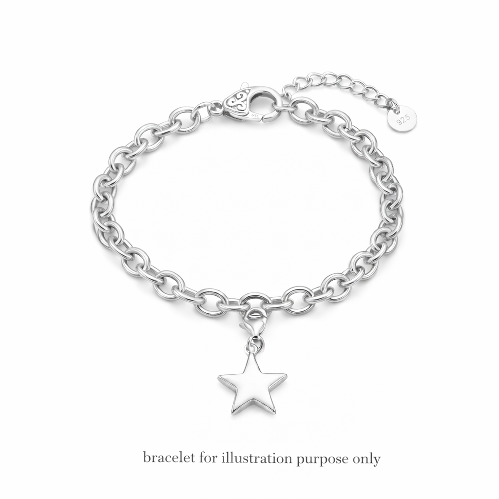 Silver Plain Star Clip On Charm in polished silver finish hanging from a delicate silver chain bracelet