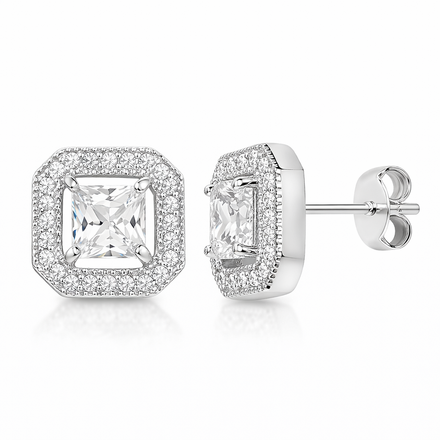 Silver Princess Cut Cubic Zirconia Halo Stud Earrings by Melchior Jewellery for woman