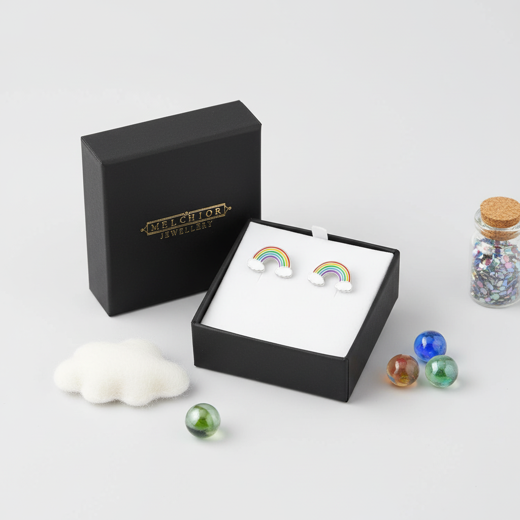 Silver rainbow earrings for girls displayed in Melchior Jewellery black box with colourful marbles and decorative cloud
