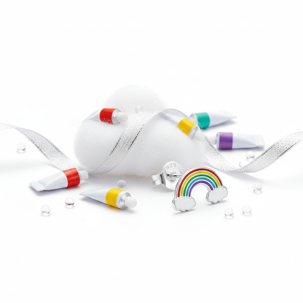 Melchior Jewellery silver rainbow earrings for girls with colourful enamel and cloud design