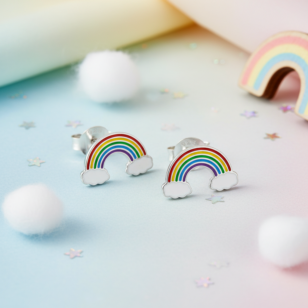 Silver rainbow earrings for girls by Melchior Jewellery with colourful enamel and cloud details