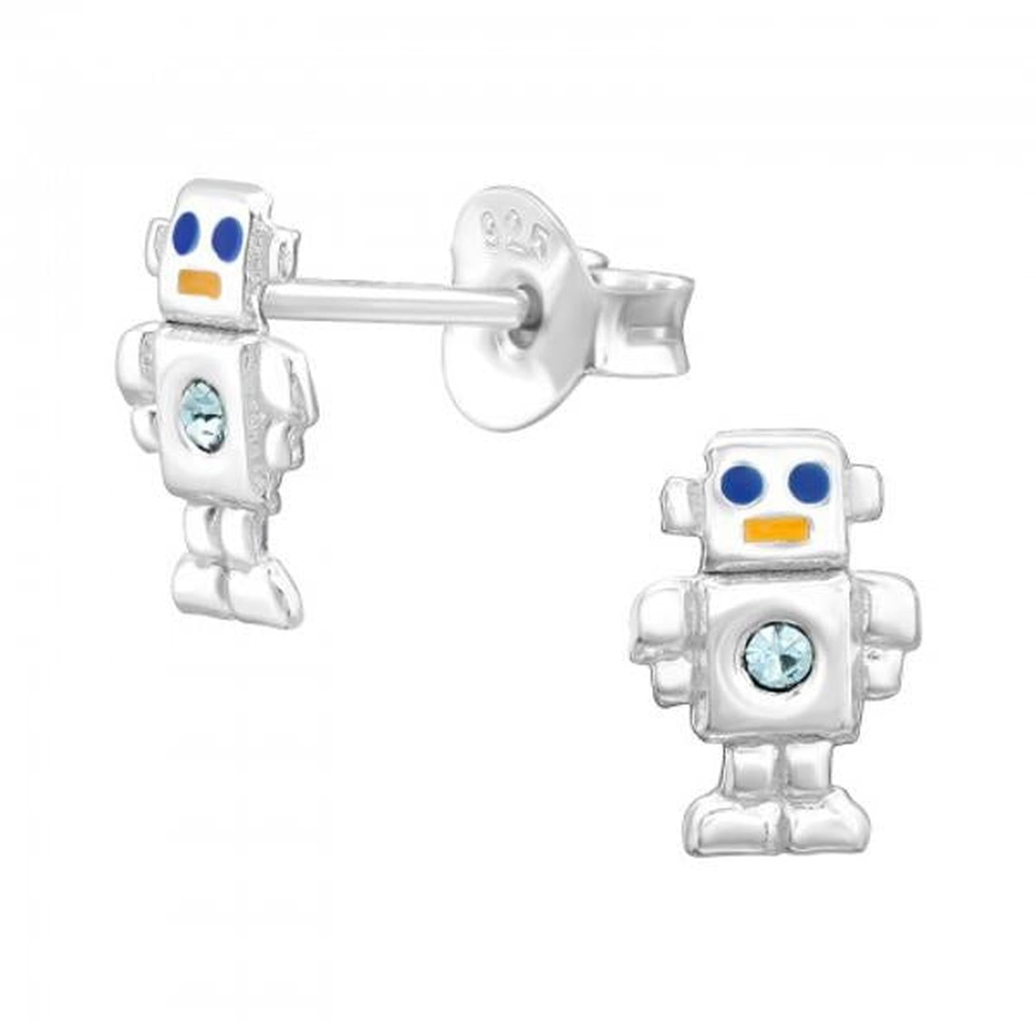 Melchior Jewellery Silver Robot Stud Earrings with blue eyes, orange mouth and light blue gem on chest