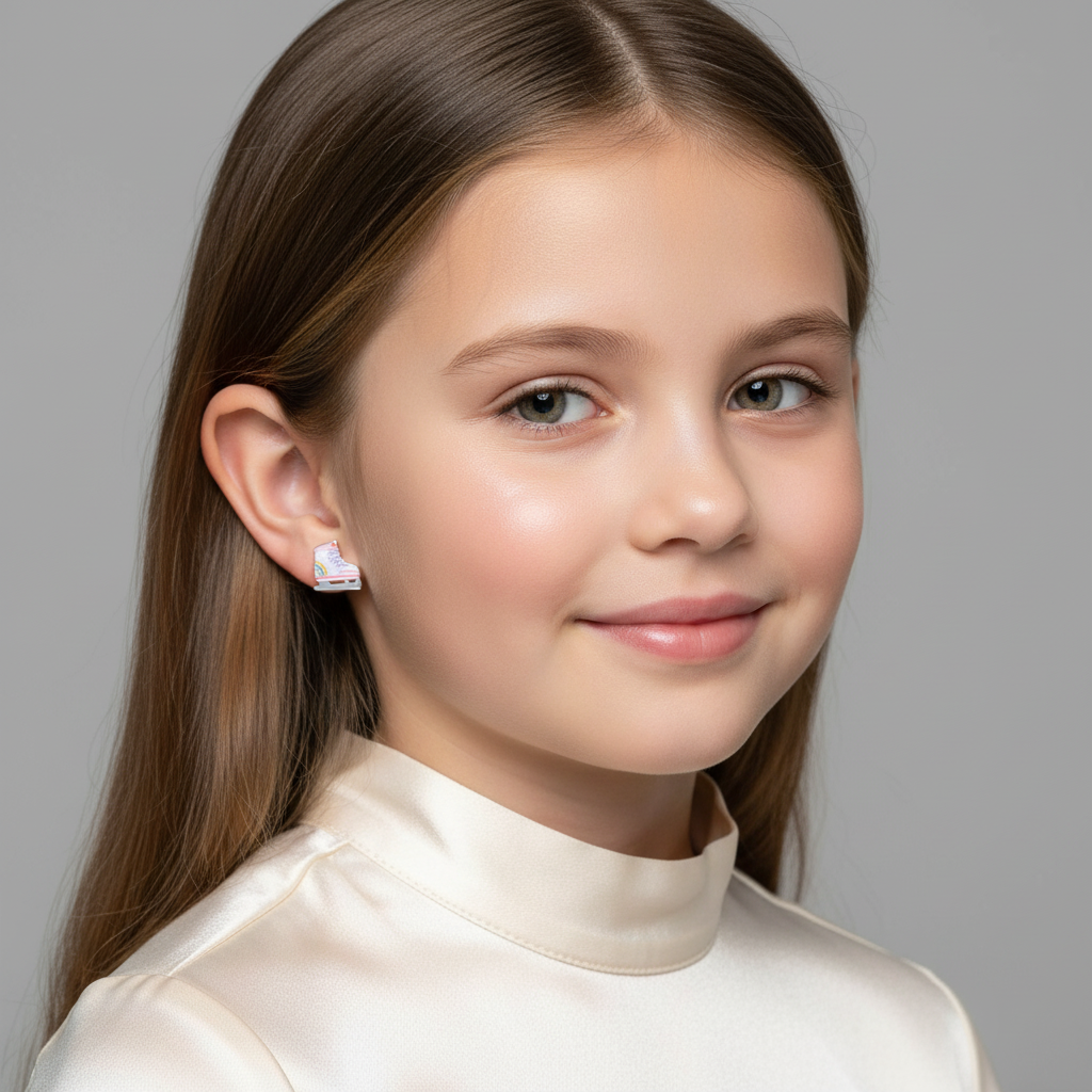 Girl wearing silver roller skate earrings for girls by Melchior Jewellery with a satin cream top