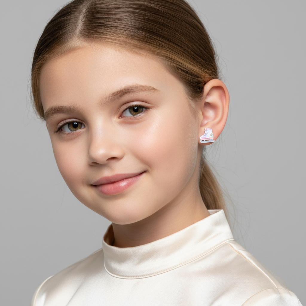 Silver roller skate earrings for girls worn by young girl from Melchior Jewellery