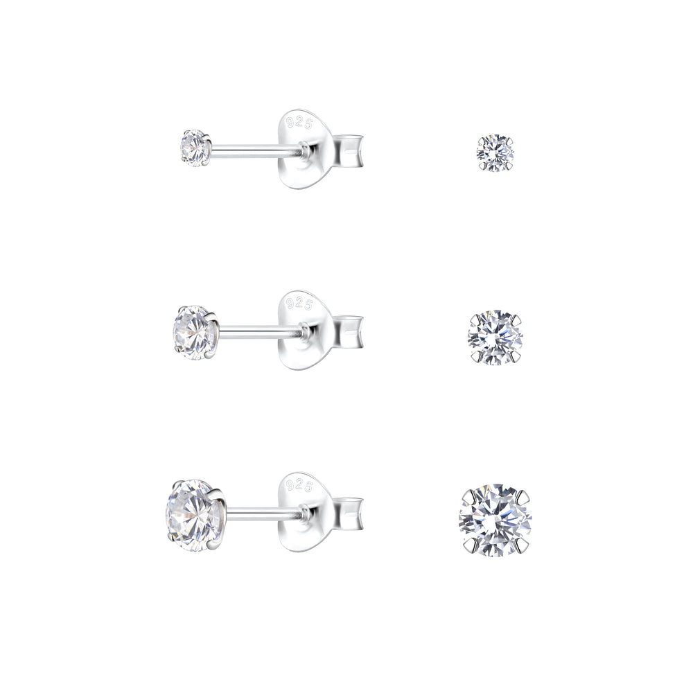 Melchior Jewellery silver round stud earring set for women with three sizes of clear cubic zirconia stones