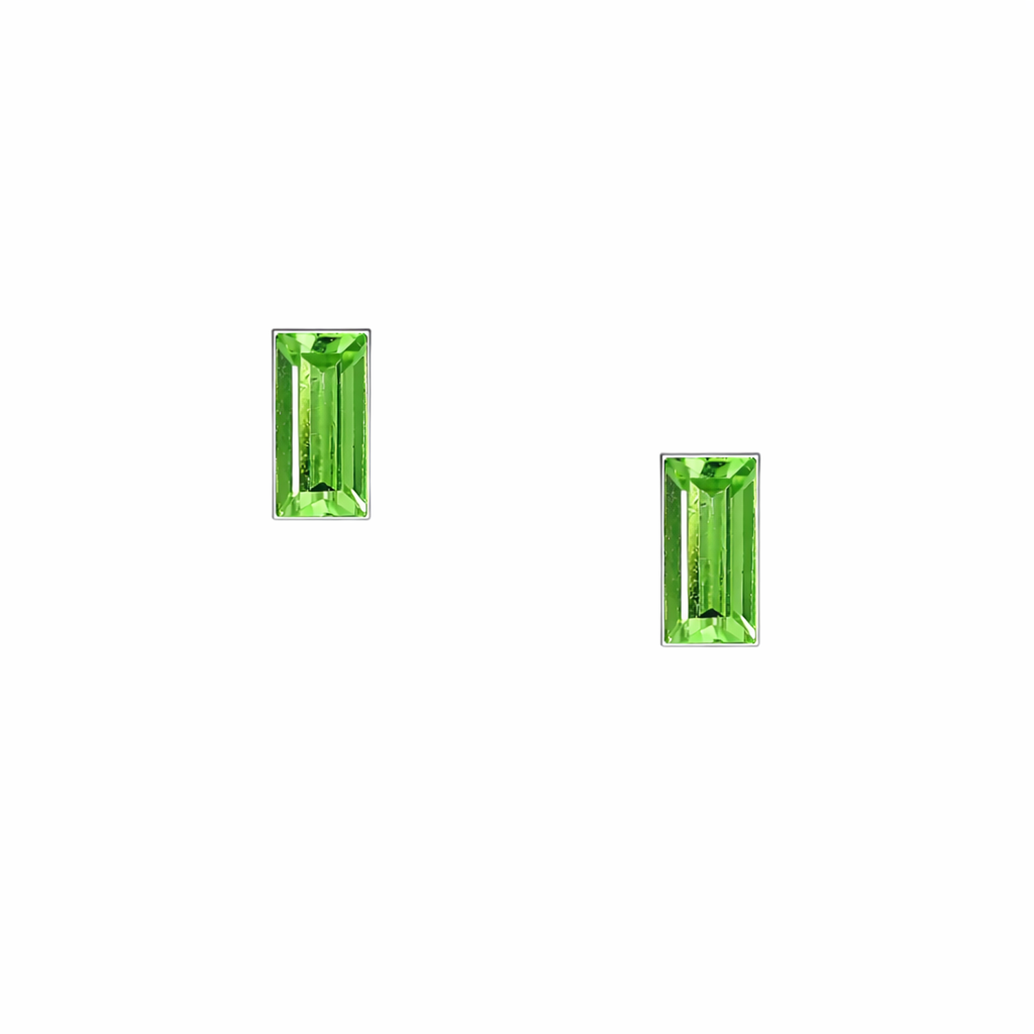 Silver Small Peridot CZ Stud Earrings with vibrant green rectangular gemstones by Melchior Jewellery