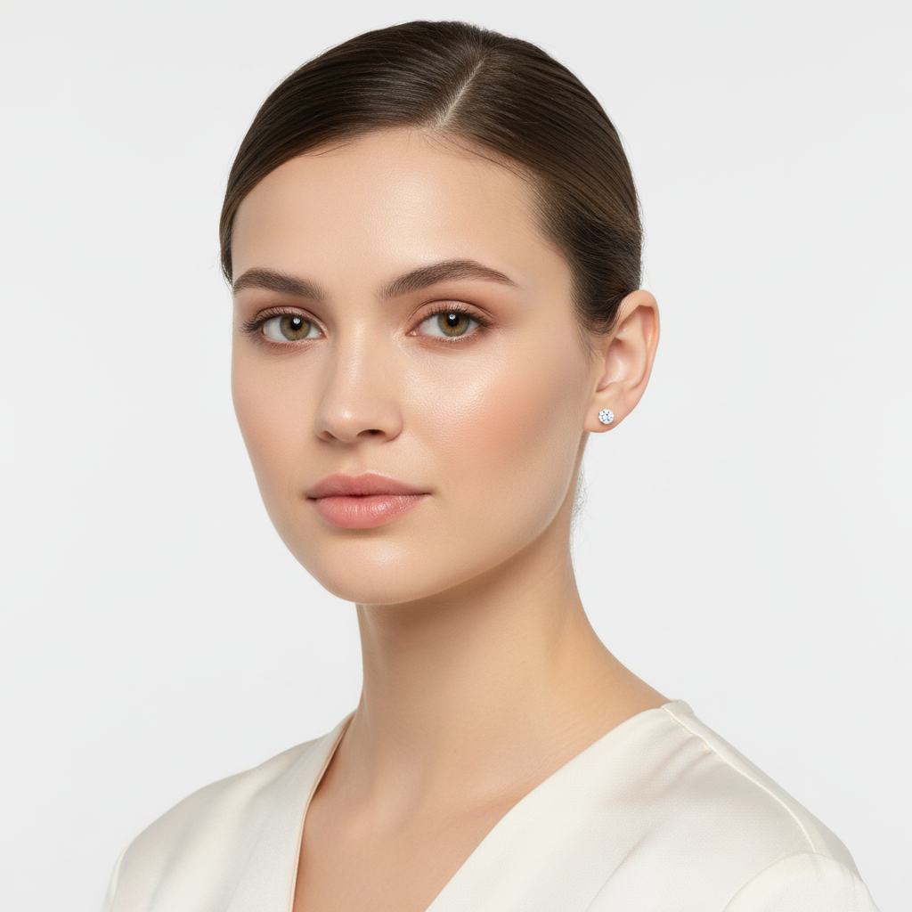 Melchior Jewellery silver stud cz earrings worn by woman with sleek hairstyle and natural makeup