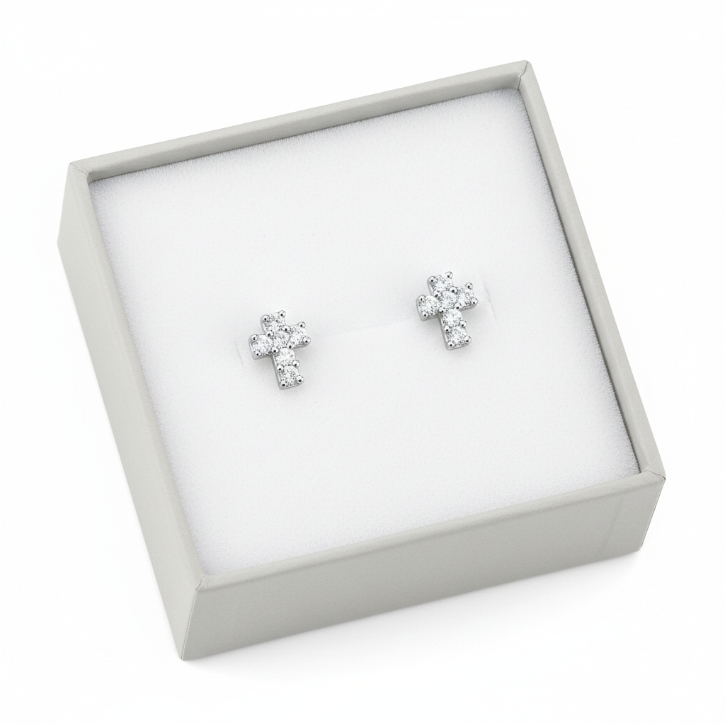 Small cross earrings for girls by Melchior Jewellery in a white gift box with sparkling stones