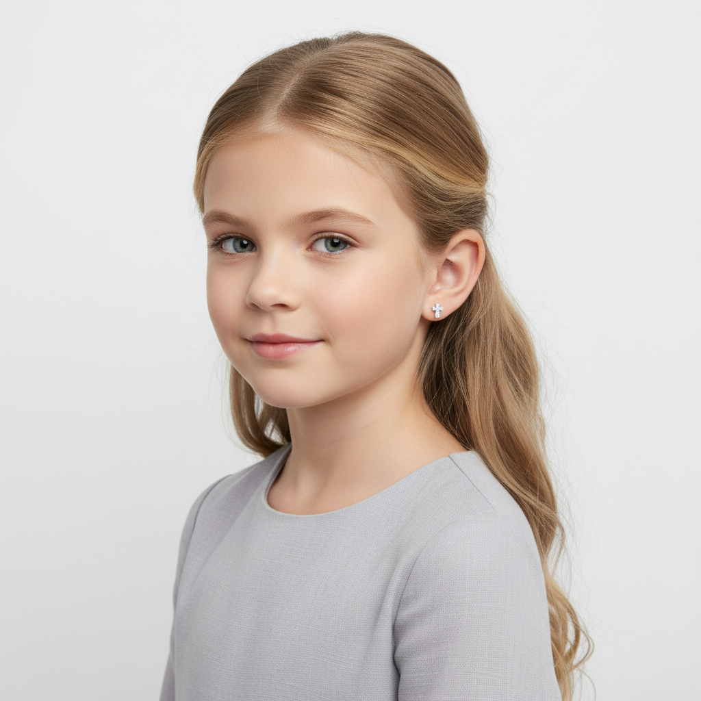 Young girl wearing small cross earrings for girls by Melchior Jewellery in a grey dress