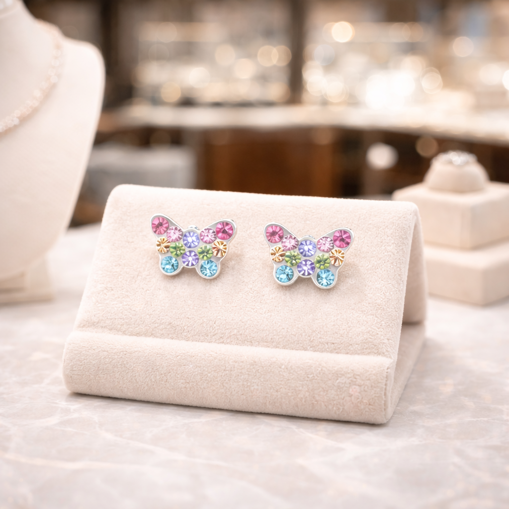 Sparkle butterfly earrings for girls by Melchior Jewellery in colorful gemstones on a beige display stand